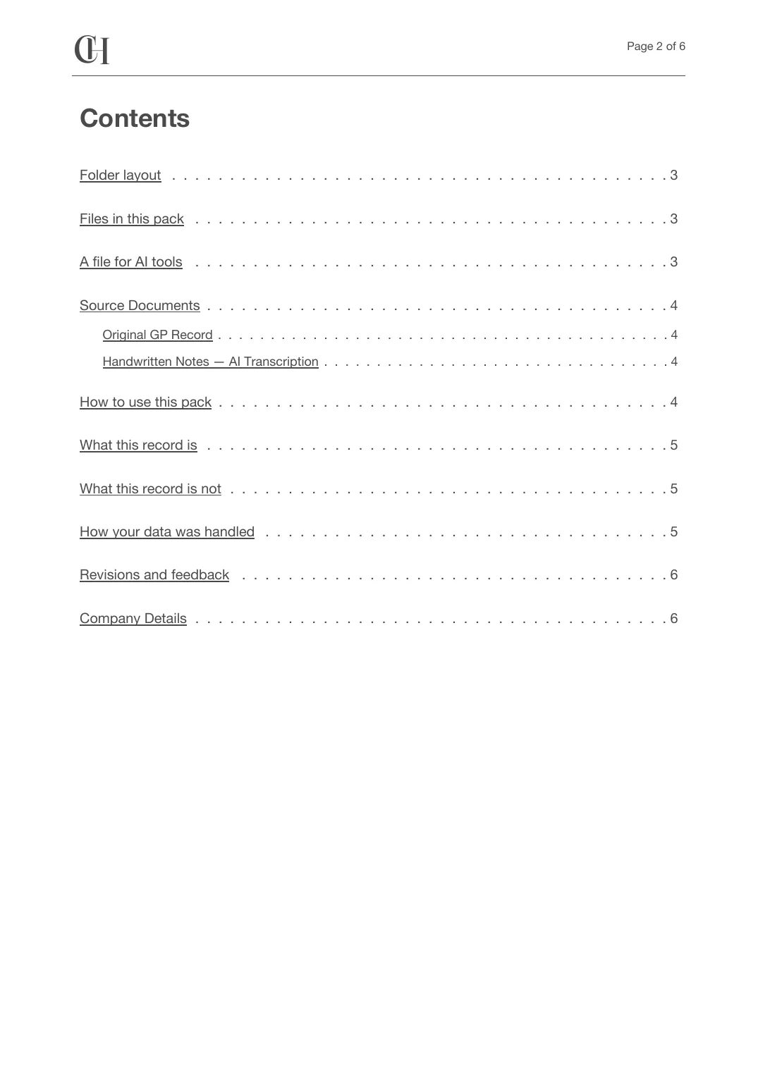 Page 2 of the About This Pack document from the published Chronicle Pack: Contents