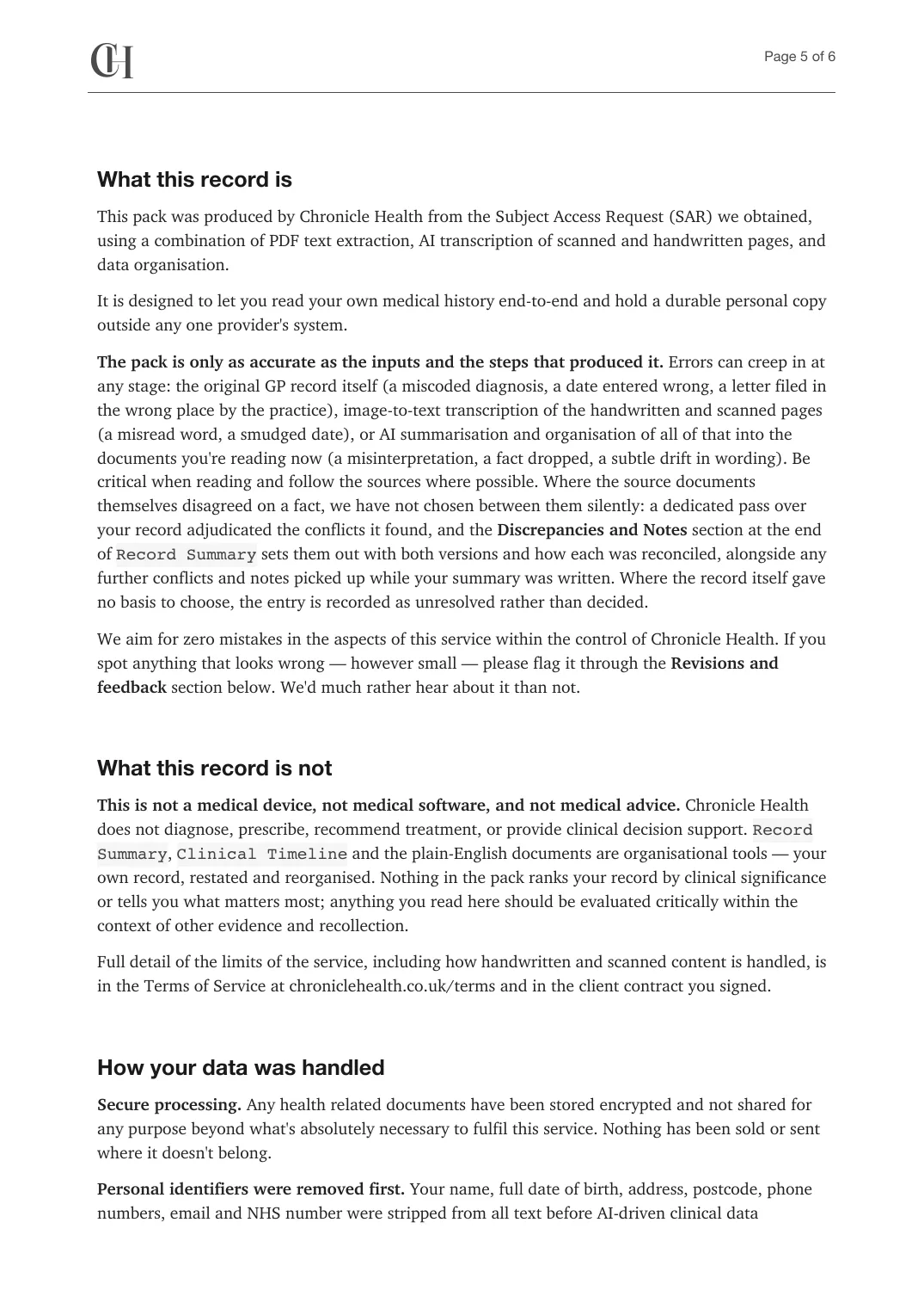 Page 5 of the About This Pack document from the published Chronicle Pack: What this record is, and what it is not