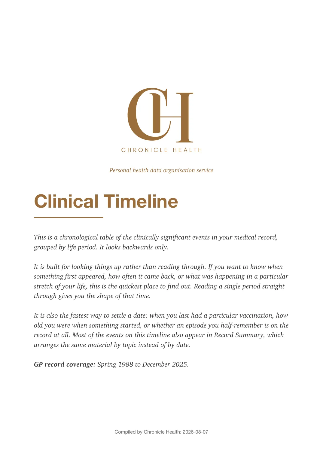 Page 1 of the Clinical Timeline document from the published Chronicle Pack: Cover page