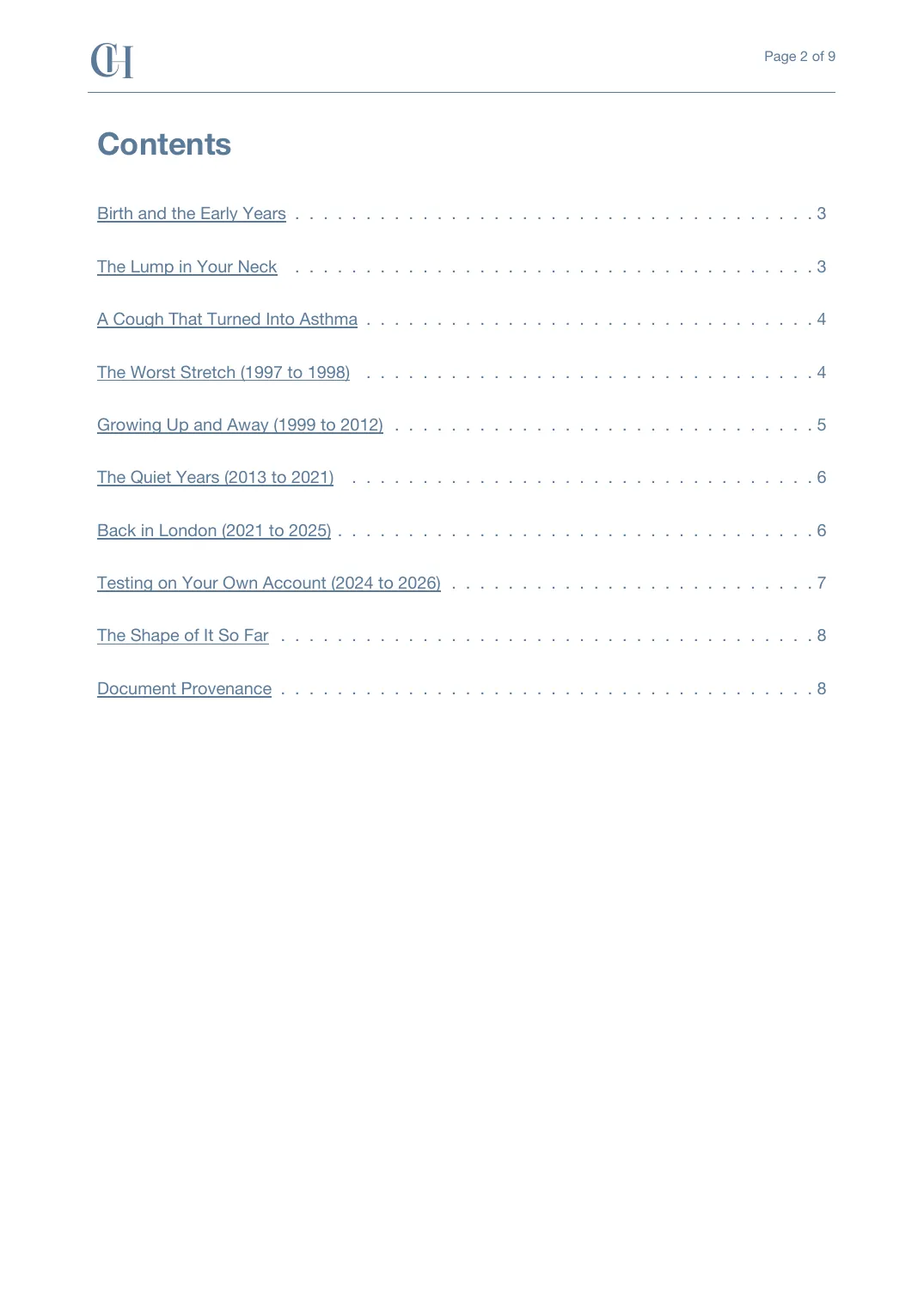 Page 2 of the Health Story document from the published Chronicle Pack: Contents