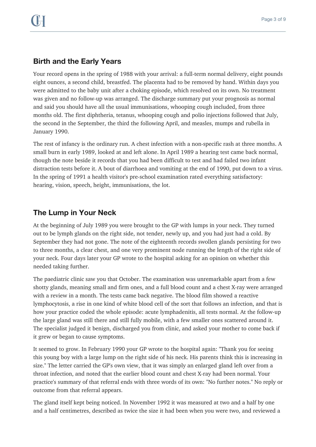 Page 3 of the Health Story document from the published Chronicle Pack: Birth and the early years, then the lump in your neck