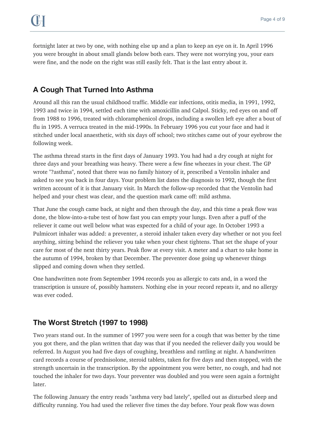 Page 4 of the Health Story document from the published Chronicle Pack: A cough that turned into asthma, then the worst stretch, 1997 to 1998