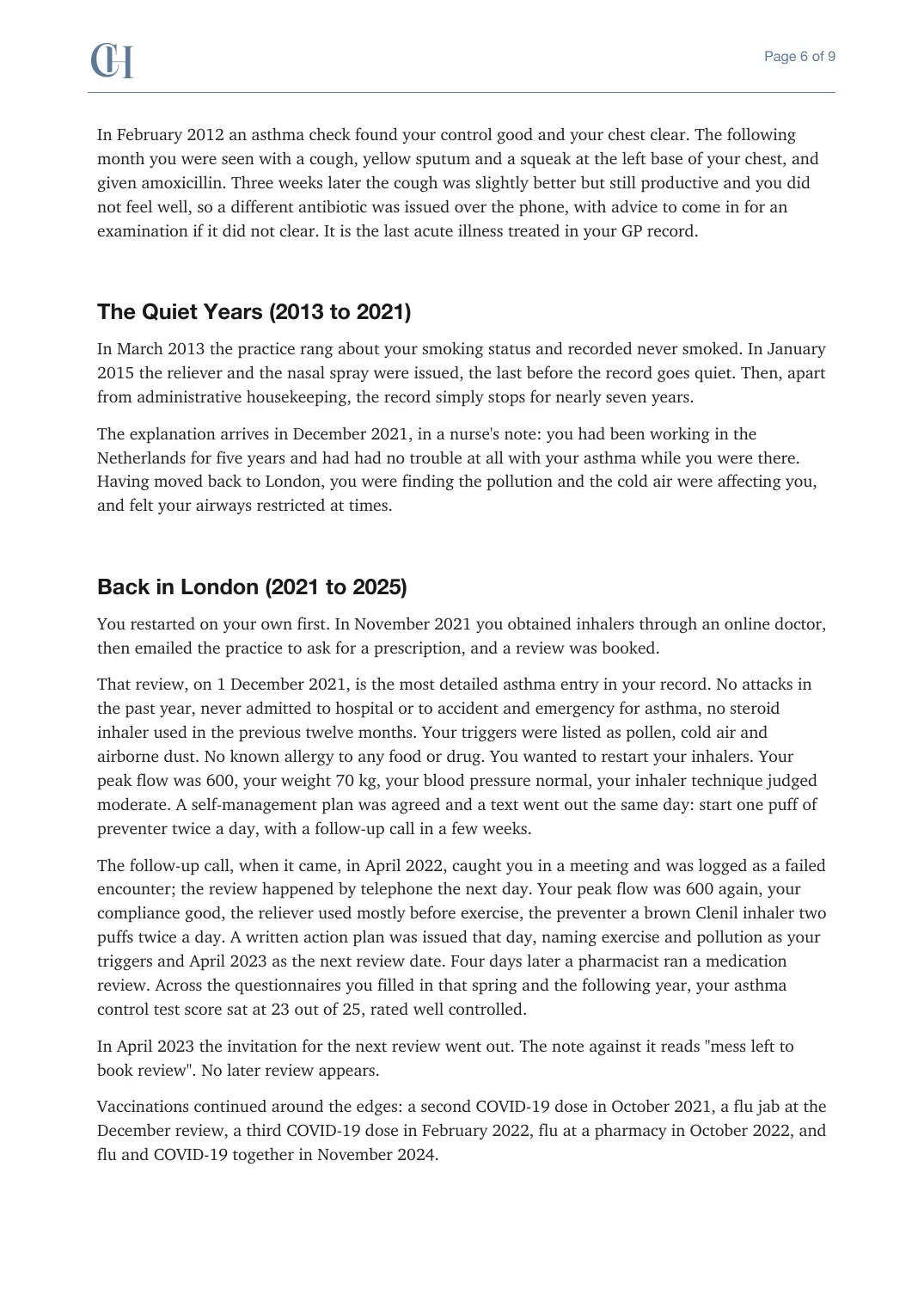 Page 6 of the Health Story document from the published Chronicle Pack: The quiet years, then back in London