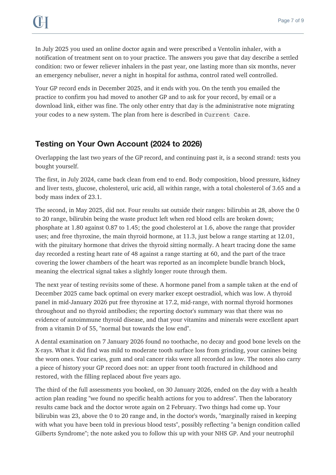 Page 7 of the Health Story document from the published Chronicle Pack: Testing on your own account, 2024 to 2026