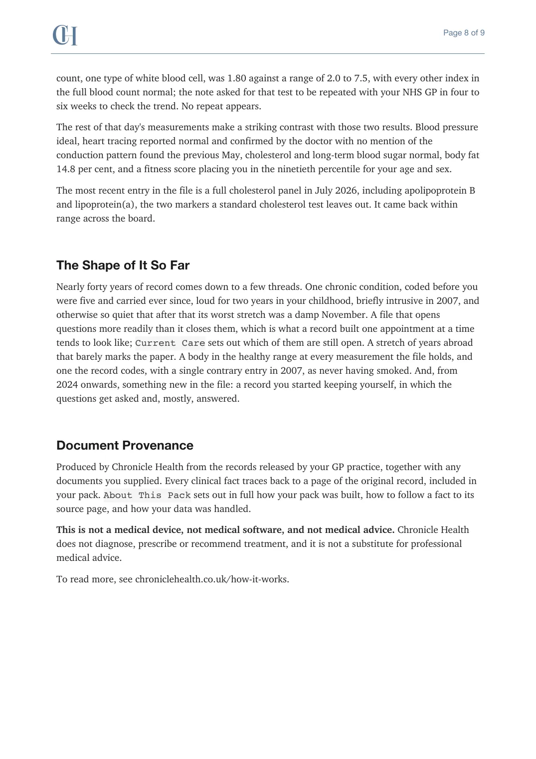 Page 8 of the Health Story document from the published Chronicle Pack: The shape of it so far, then provenance