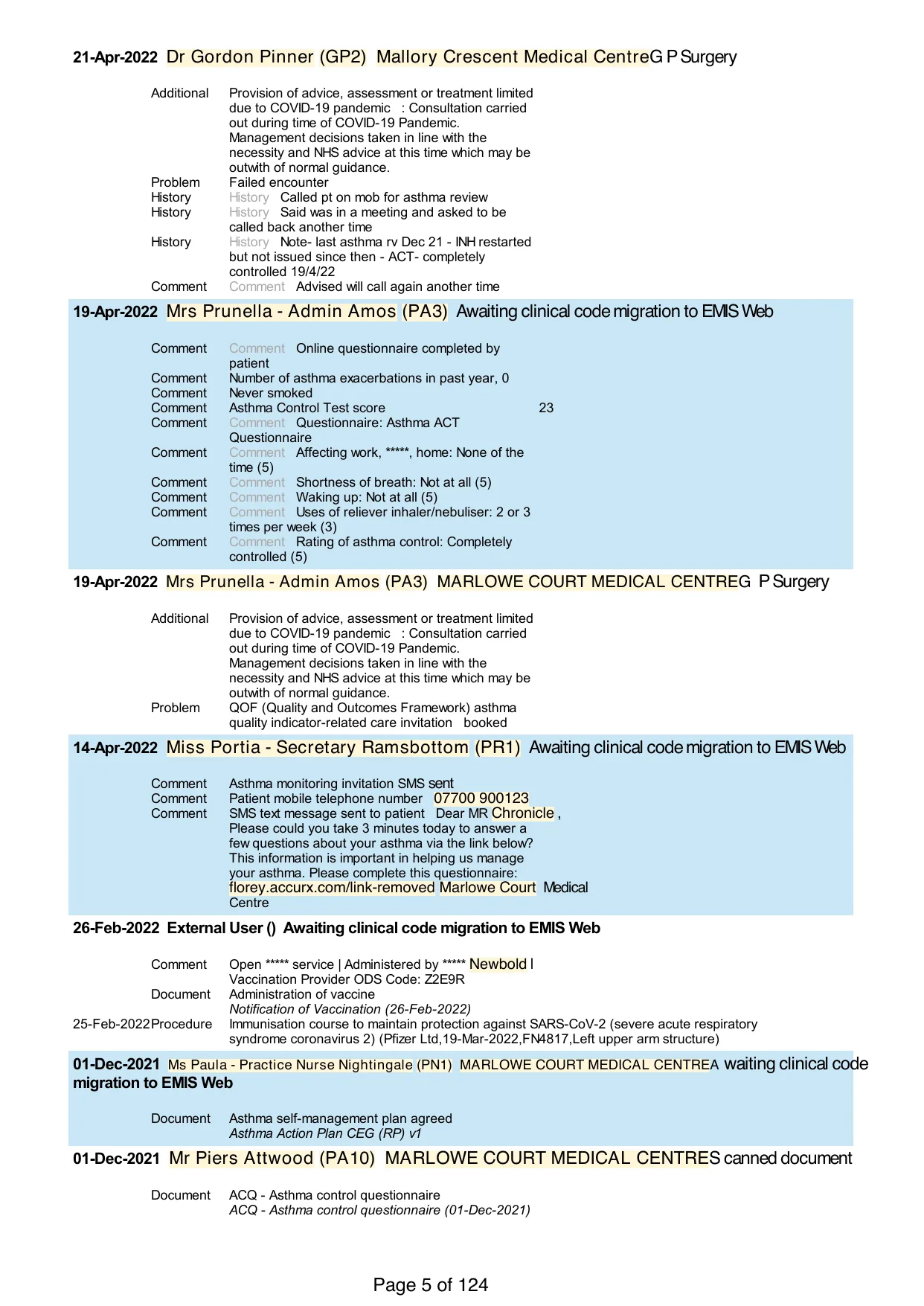 Page 5 of the record: Consultations and vaccination entries