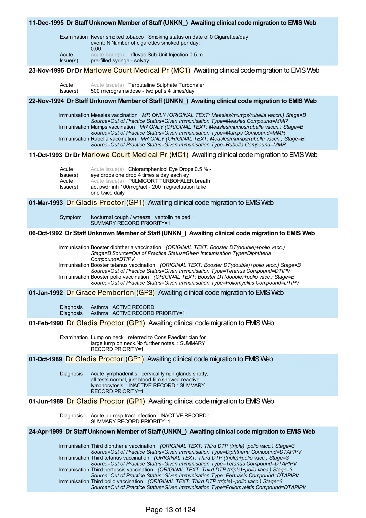 Page 13 of the record: Immunisations and early entries, 1988 to 1995