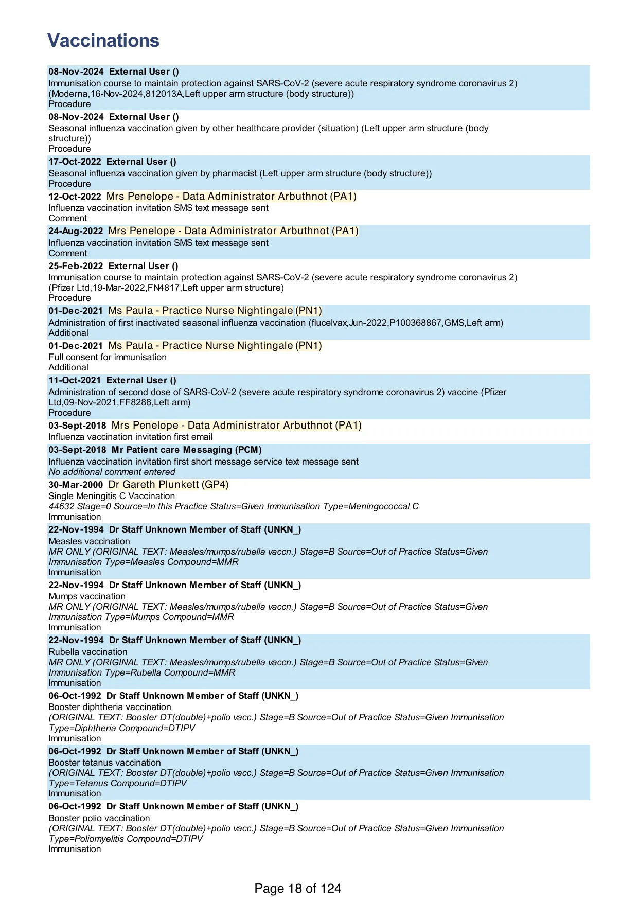 Page 18 of the record: Vaccinations, recent entries