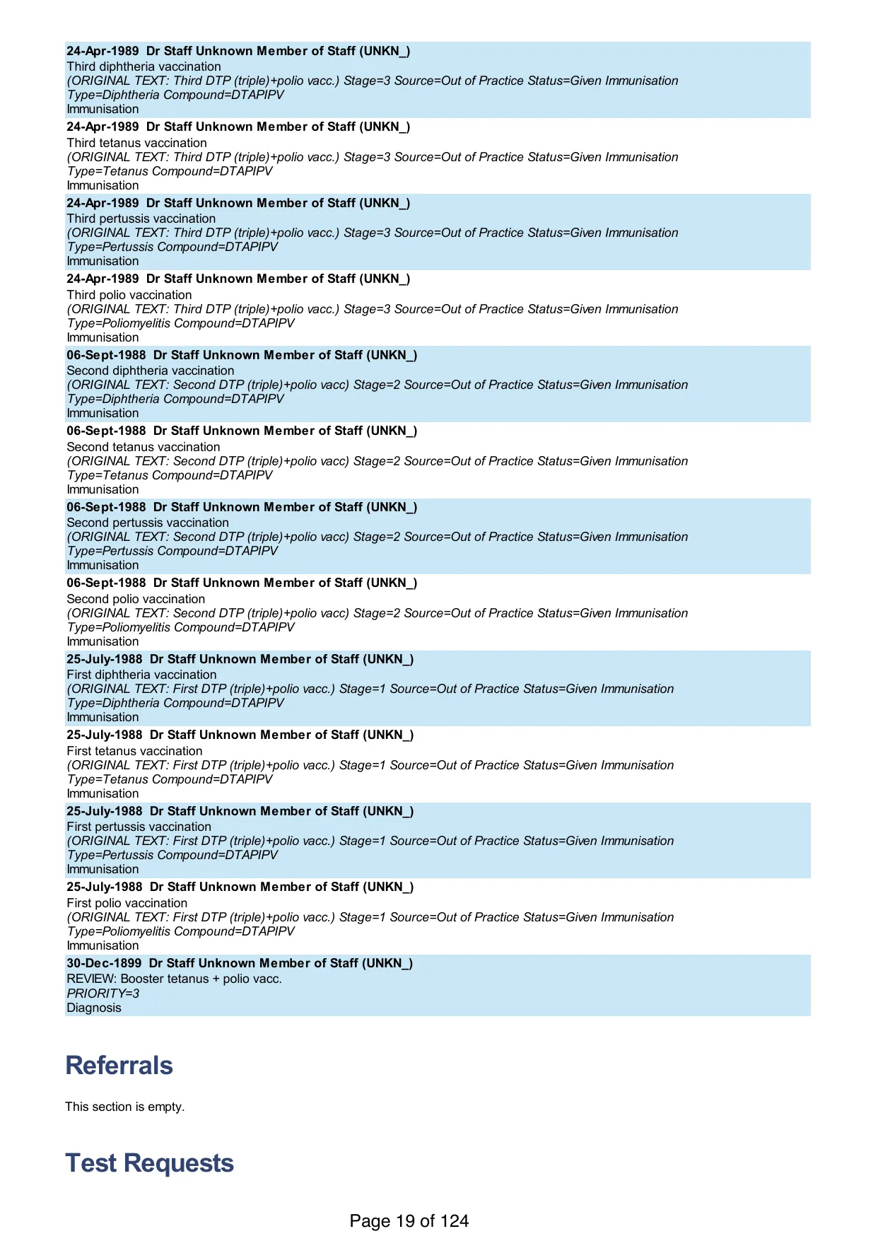 Page 19 of the record: Childhood vaccinations, then two empty sections
