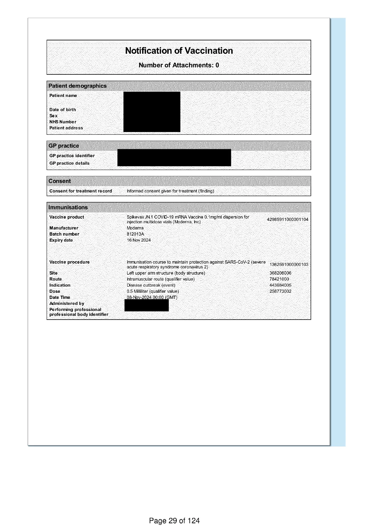 Page 29 of the record: A vaccination notification, 2024