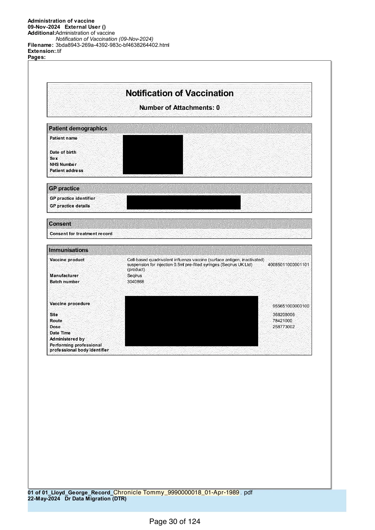 Page 30 of the record: A notification, then the paper record begins