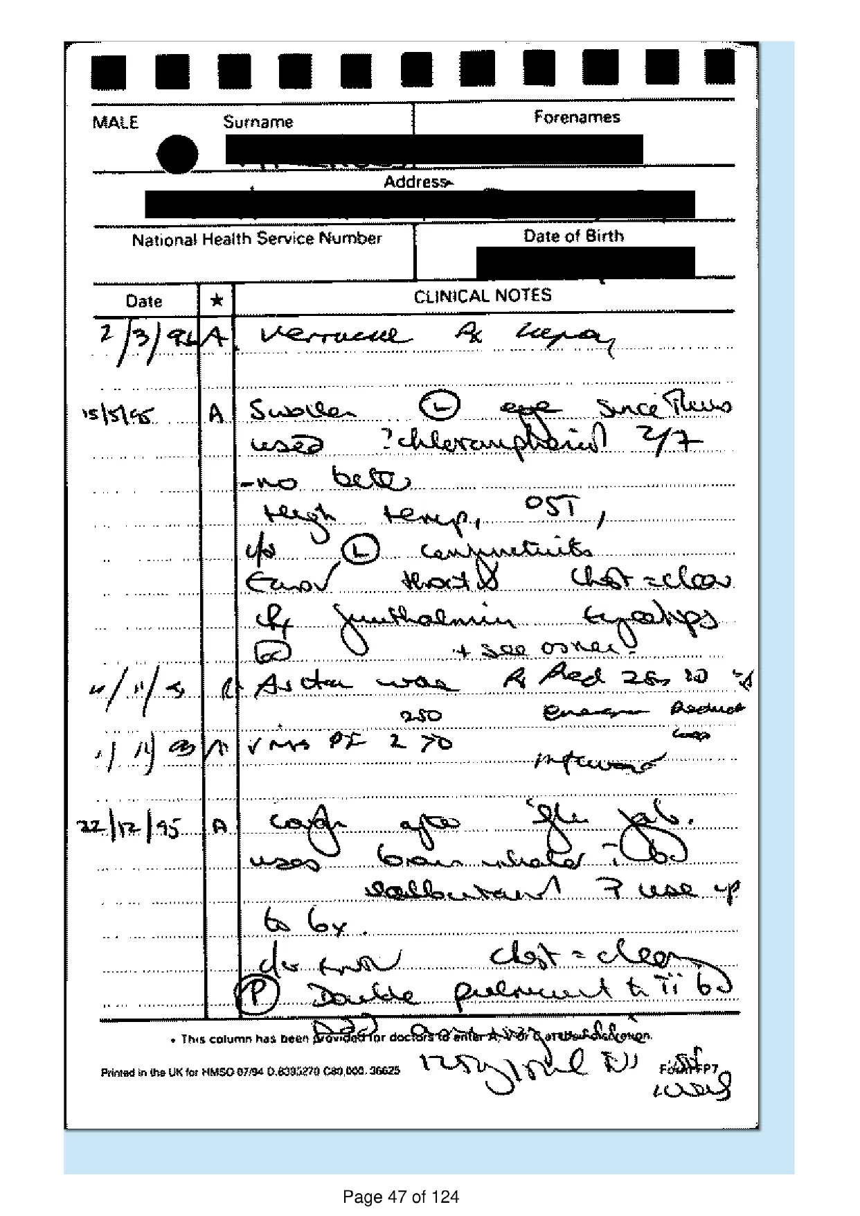Page 47 of the record: Handwritten record card, 1995