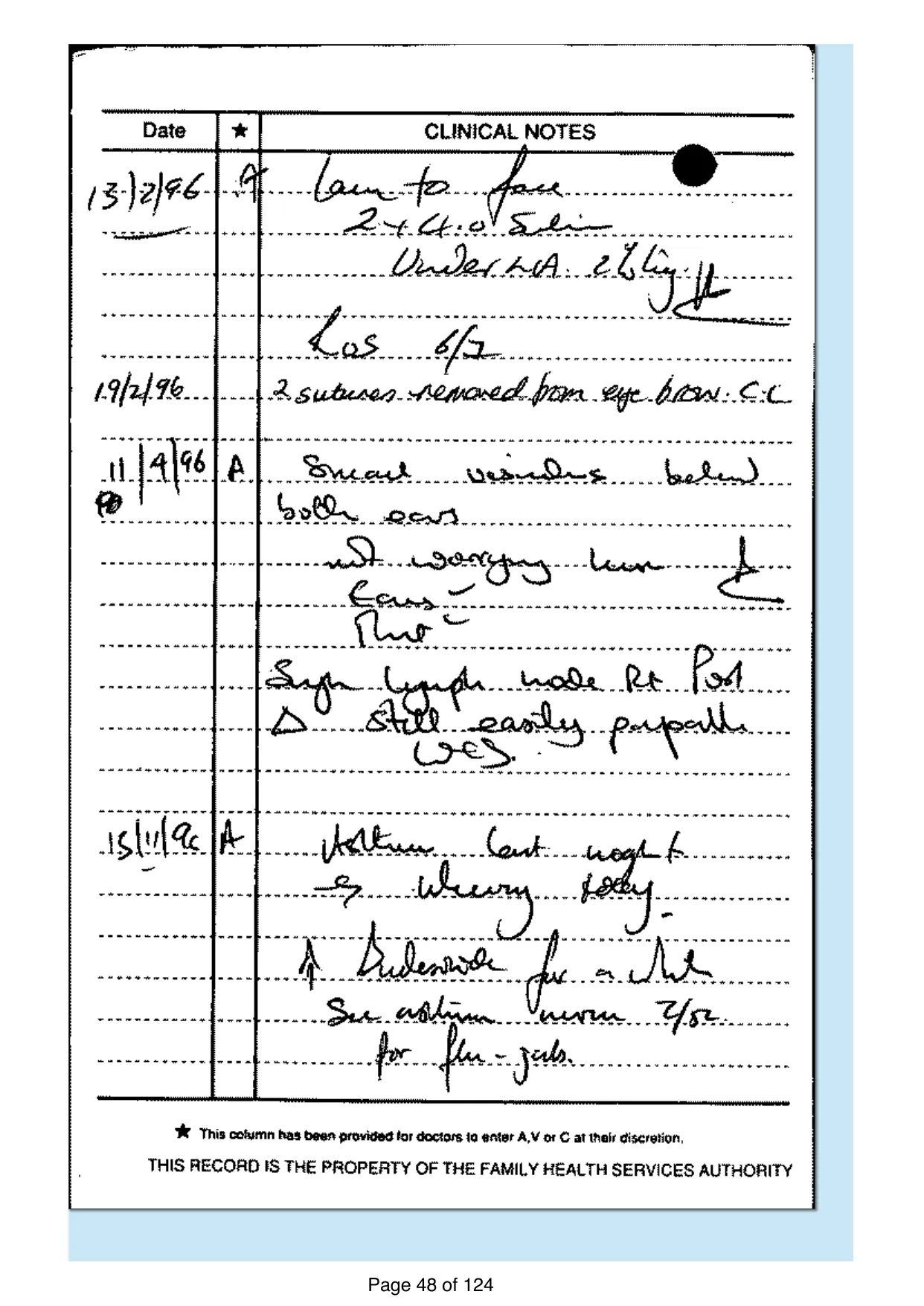 Page 48 of the record: Handwritten record card, 1996