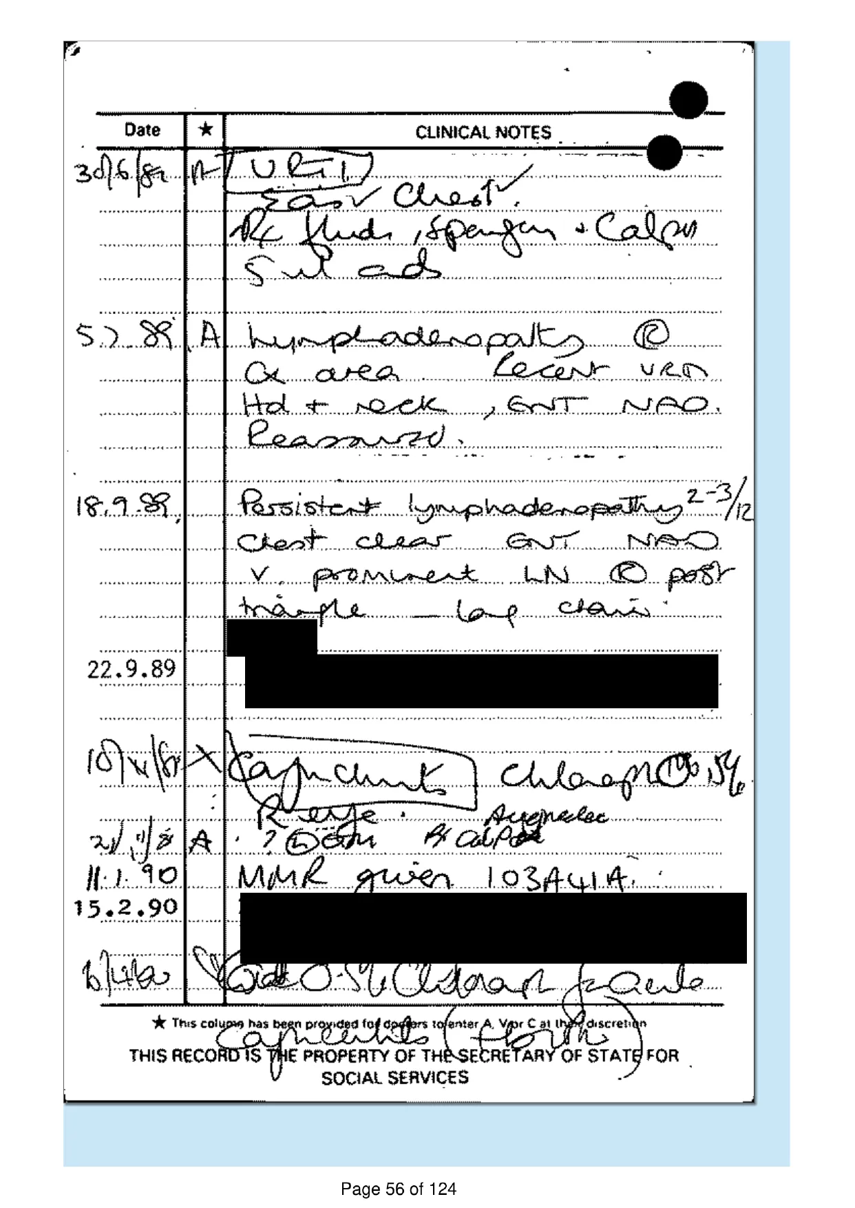Page 56 of the record: Handwritten record card, 1988 to 1990