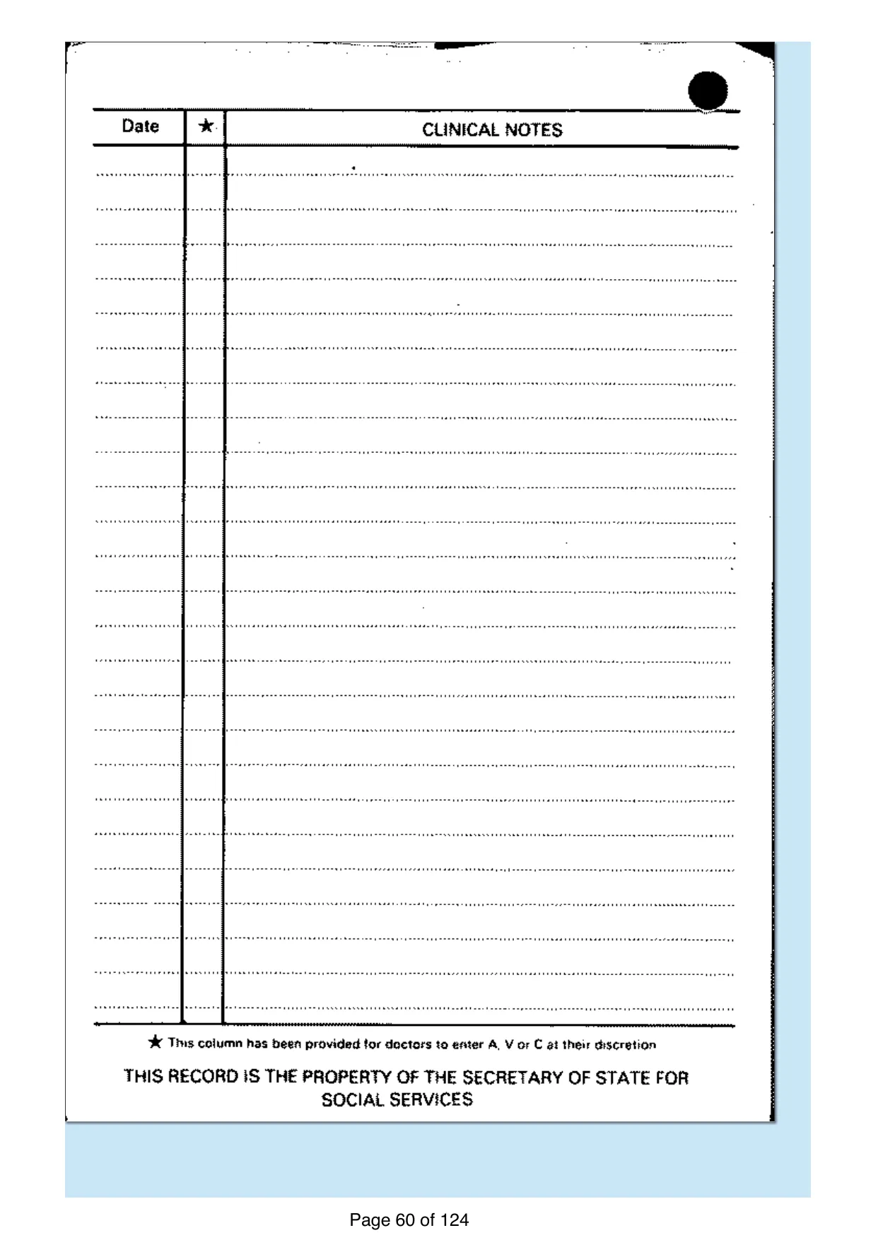 Page 60 of the record: A blank clinical notes card