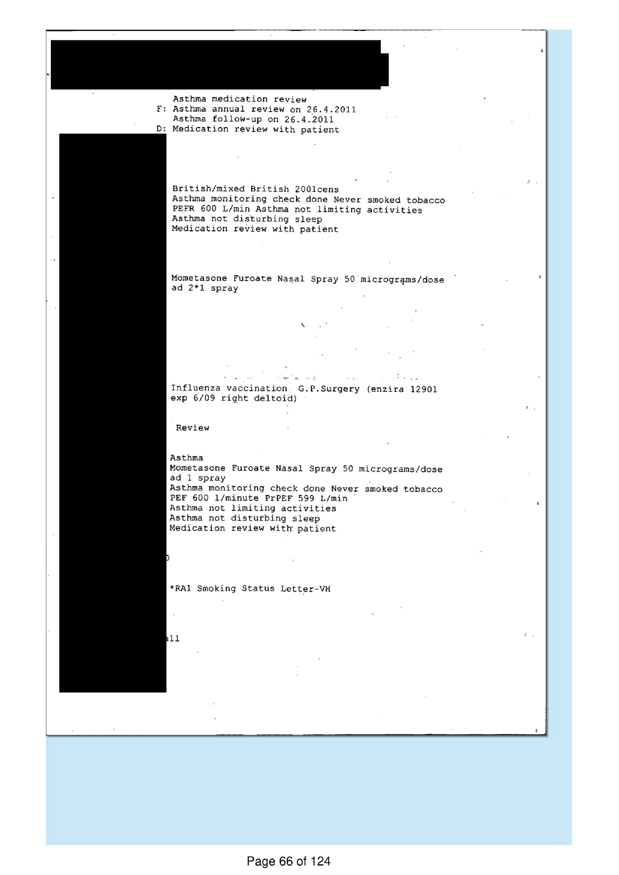 Page 66 of the record: The same printout, a review