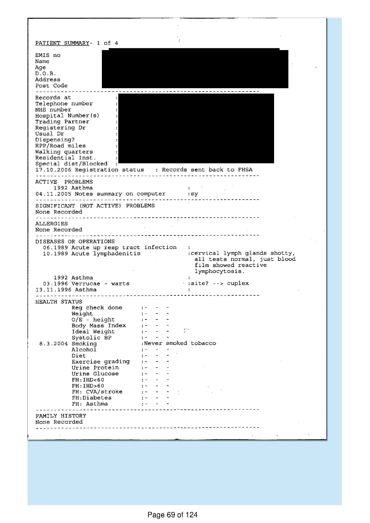 Page 69 of the record: A four-page summary printout, page 1