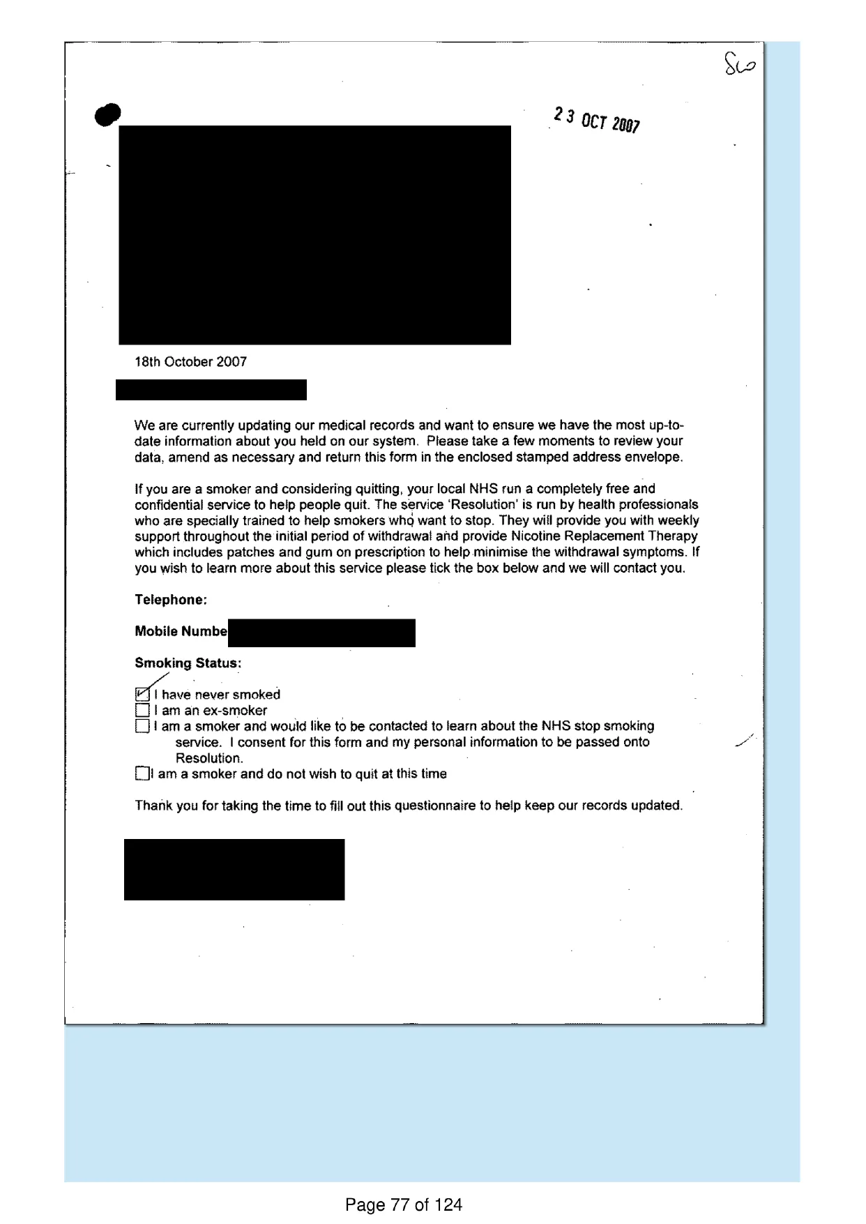 Page 77 of the record: A records update questionnaire, 2007