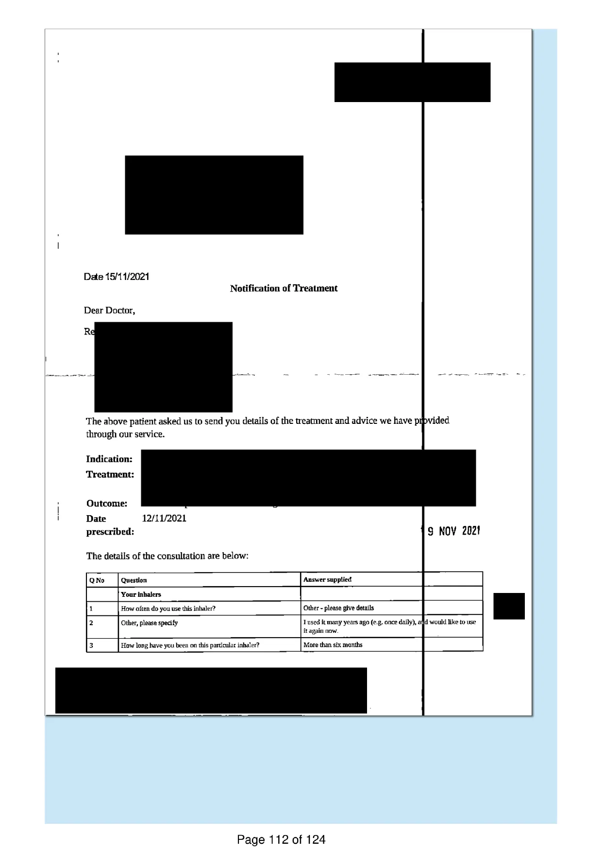 Page 112 of the record: A treatment notification from an online service