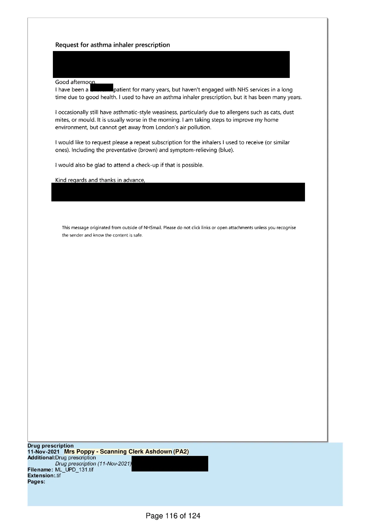 Page 116 of the record: An email requesting a repeat prescription, 2021