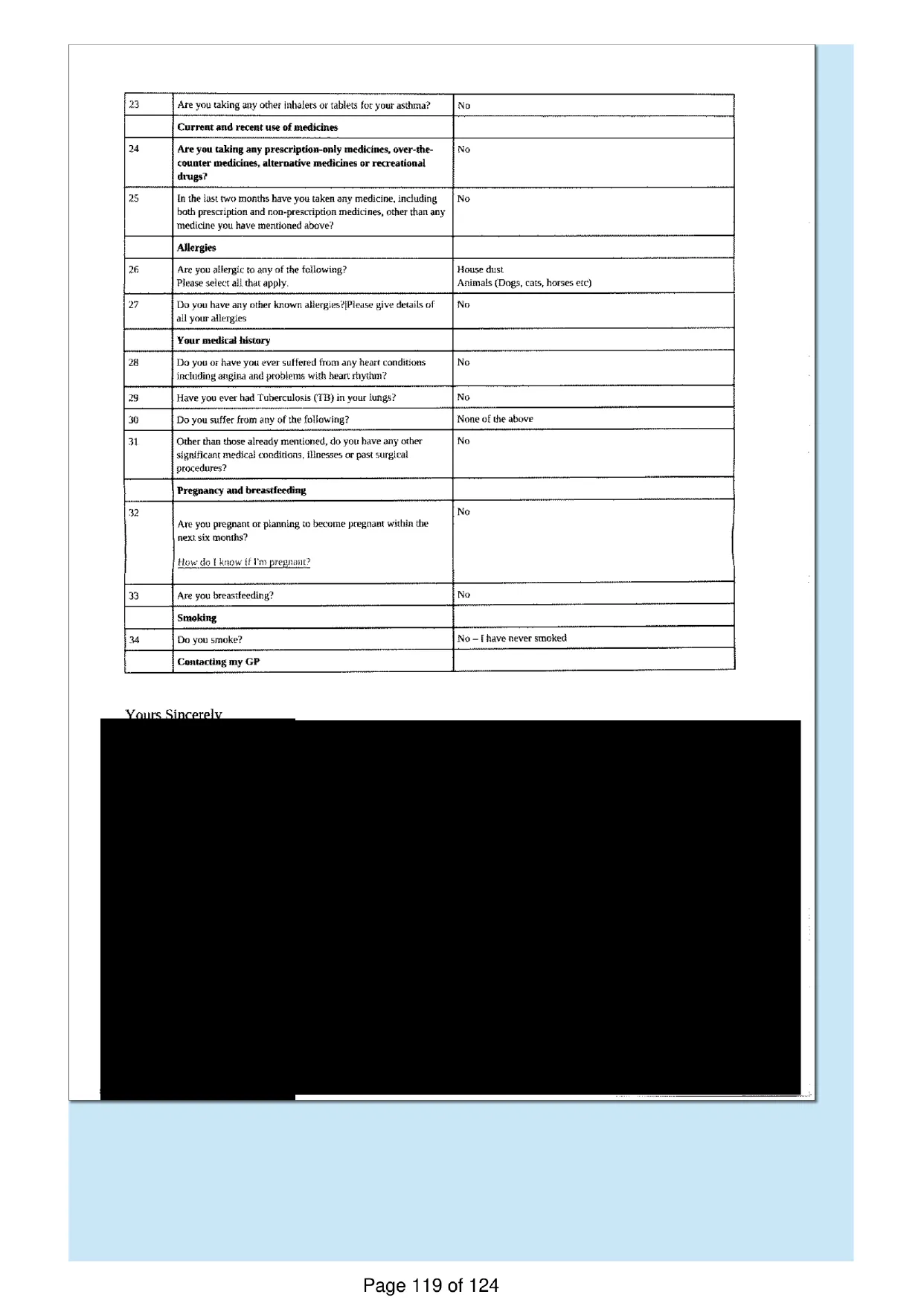 Page 119 of the record: The questionnaire continued