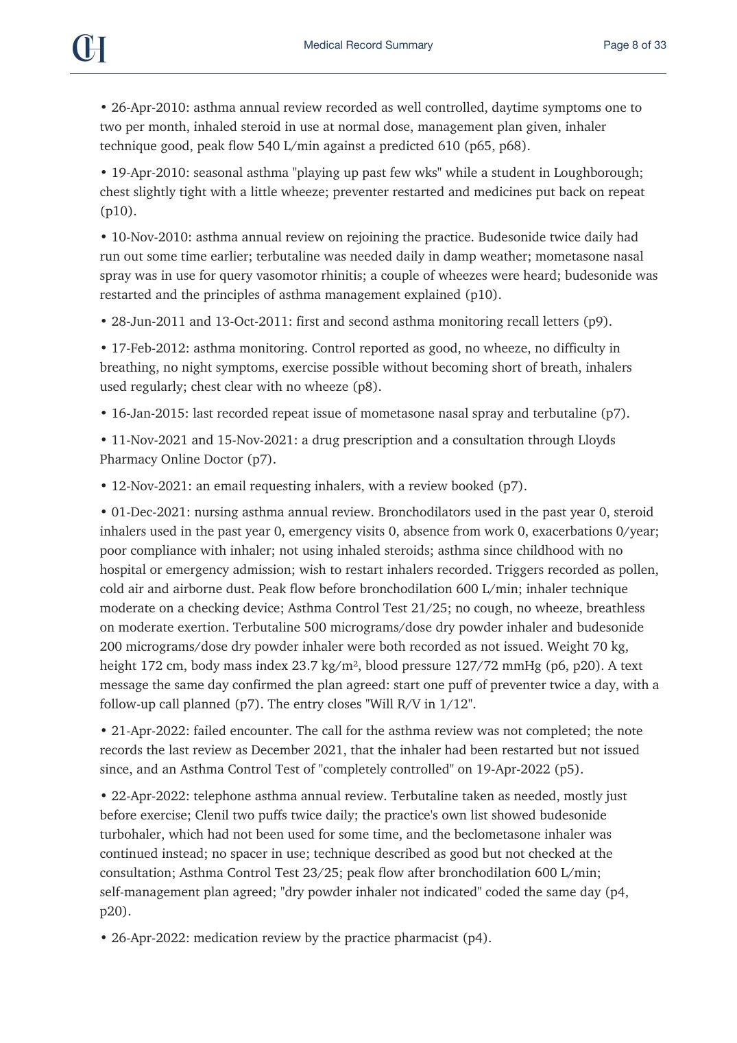 Page 8 of the Record Summary document from the published Chronicle Pack: Asthma treatment history, 2010 to 2022